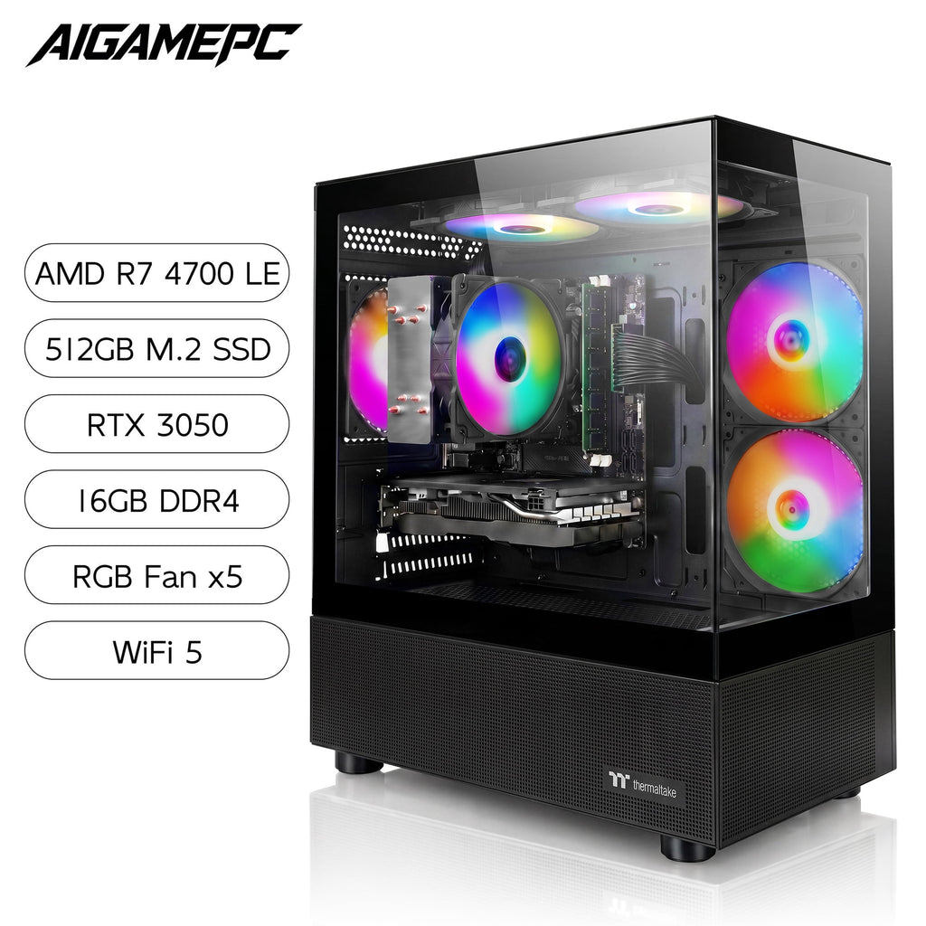 AIGAMEPC Gaming PC Desktop Computer, AMD R7 4700 LE,RTX 3050 6G,16GB DDR4,512GB M.2 SSD, BX3 550W 80PLUS Bronze PSU, RGB Fan x5, WiFi Ready & Windows 11 Home, Black