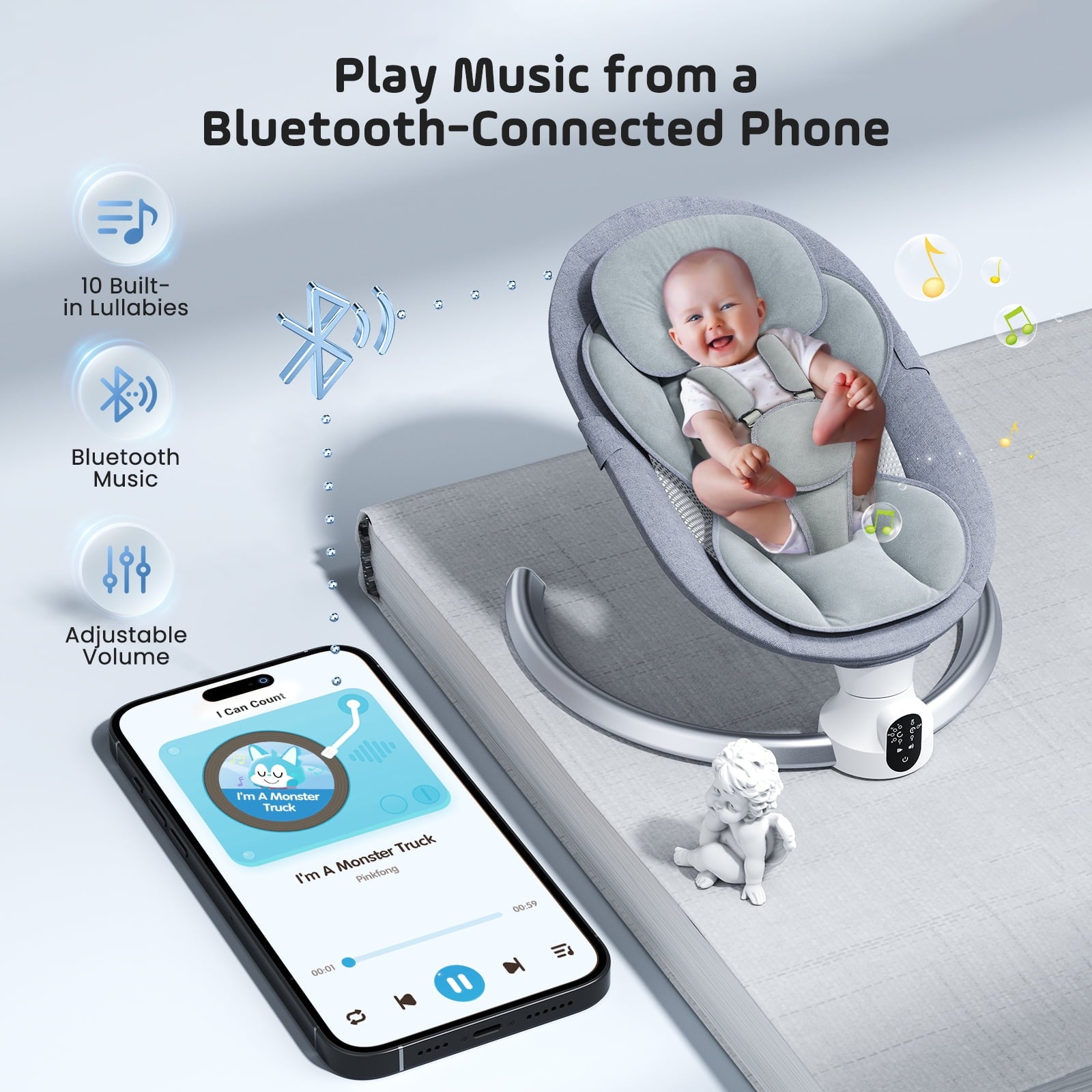 Doulami Electric Baby Swing for Newborn to Toddler Portable Infant Swing Rocker with Remote & APP Control & IMD Touch Panel, 5 Sway Speeds, 10 Lullabies, Gray