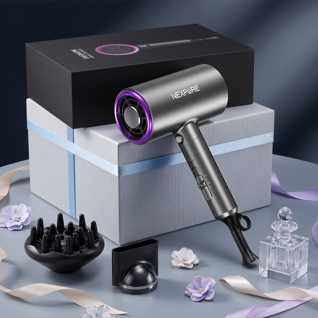 Hair Dryer, NEXPURE 1800W Professional Ionic Blow Dryer for Hair Care, Powerful Wind for Hair Drying, 2 Attachments, Grey